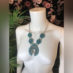Heavy Faux Turquoise And Silver Toned Squash Blossom Style Southwestern Necklace